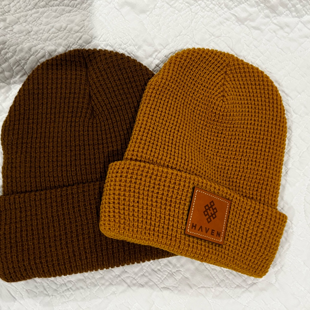 Knit Beanie Duo - Mustard and Brown